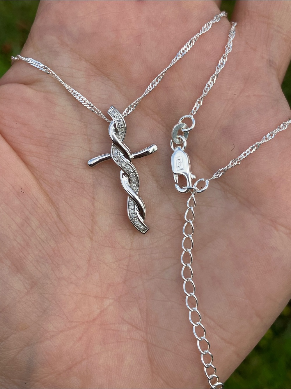 Natural White Diamond Sterling Silver Cross Necklace